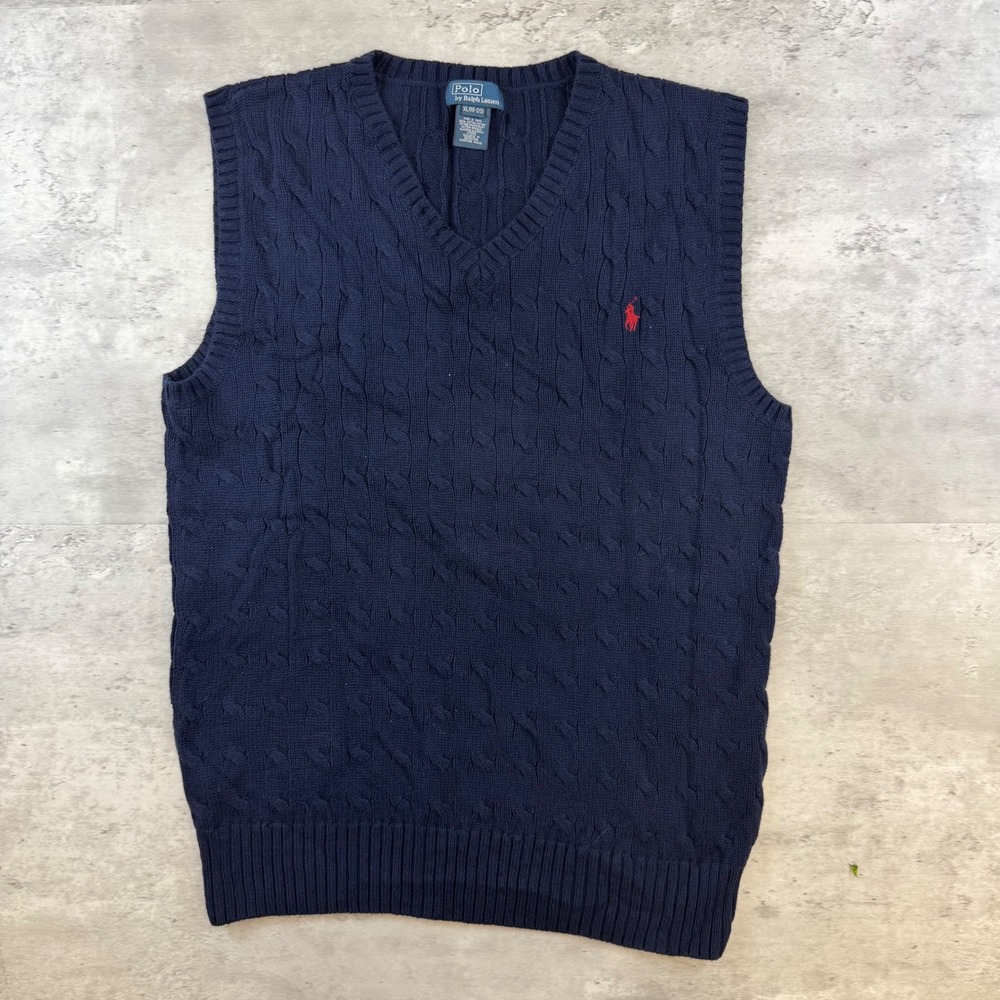 Polo Ralph Lauren Boys XL 18-20 Navy Blue Cable Knit Cotton V-Neck Sweater Vest